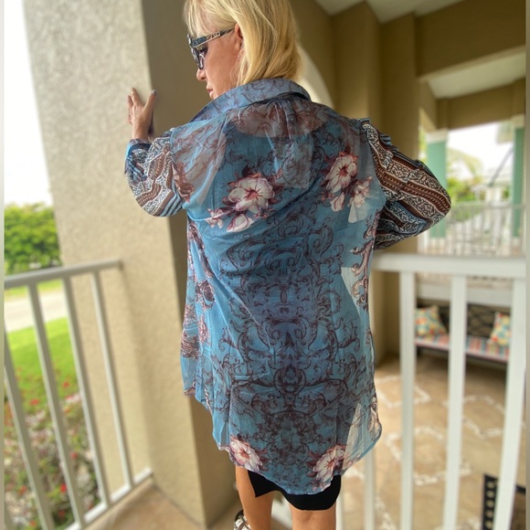 Balboa Floral Long Sleeve Kiev Sheer Buttoned Down Oversized Blouse - Size Large - Picture 2 of 6
